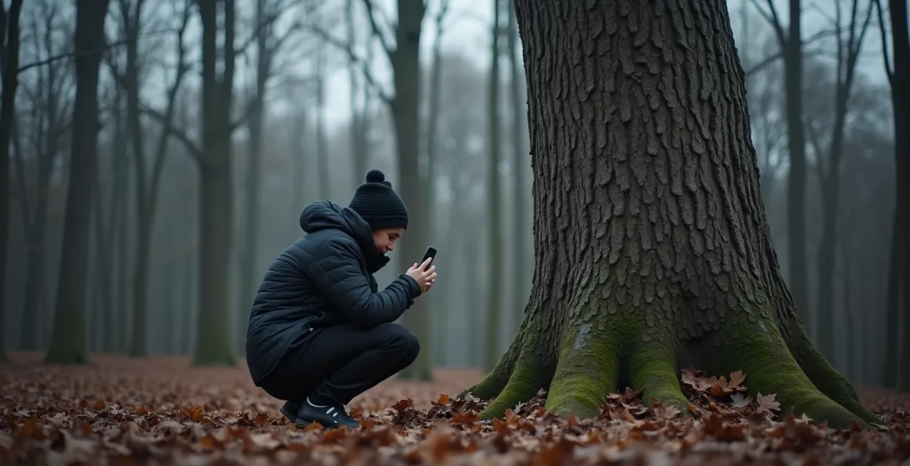 Adolescent photographiant des textures d'écorce et lichens dans une forêt québécoise en novembre