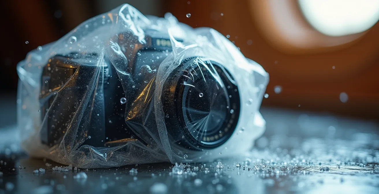Appareil photo emballé dans un sac hermétique pour éviter la condensation