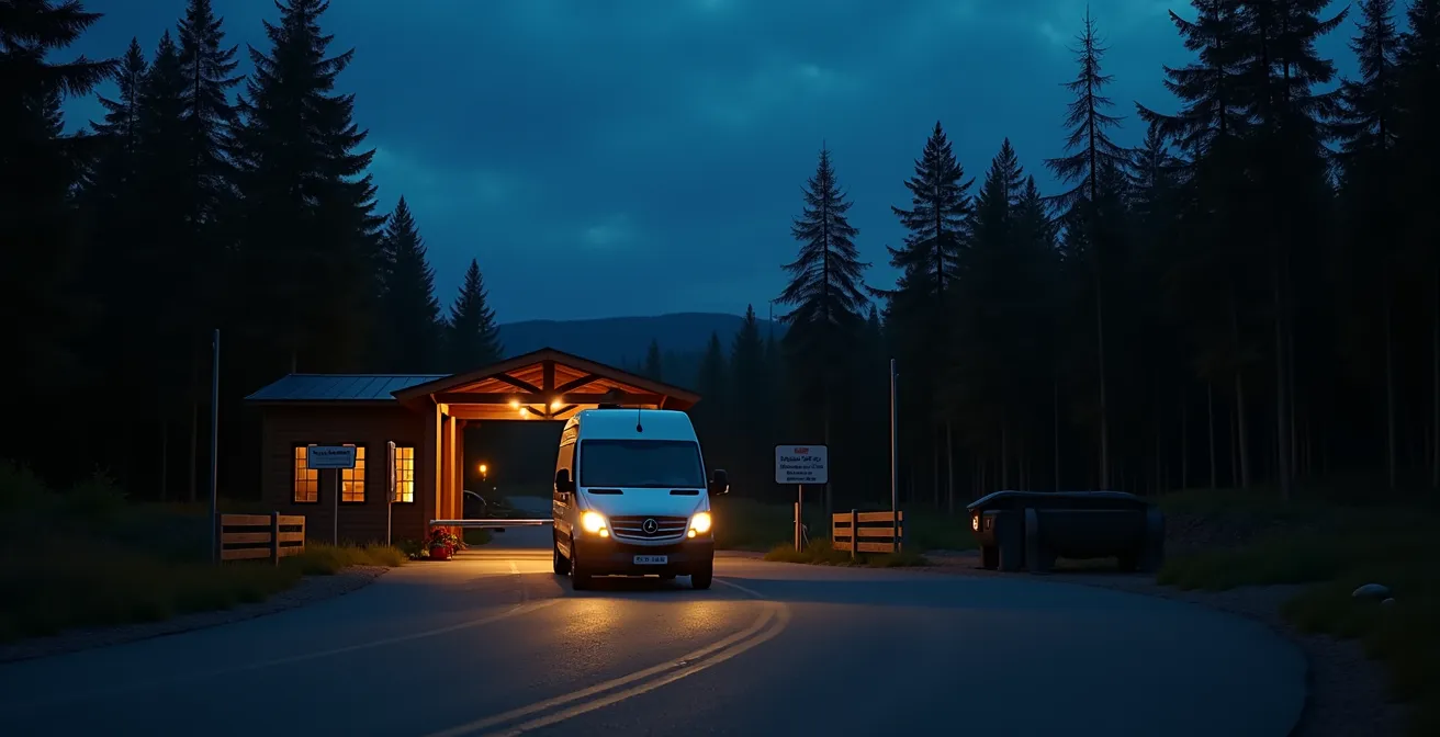 Camping-car arrivant de nuit à l'entrée d'un parc national avec barrière d'accès éclairée
