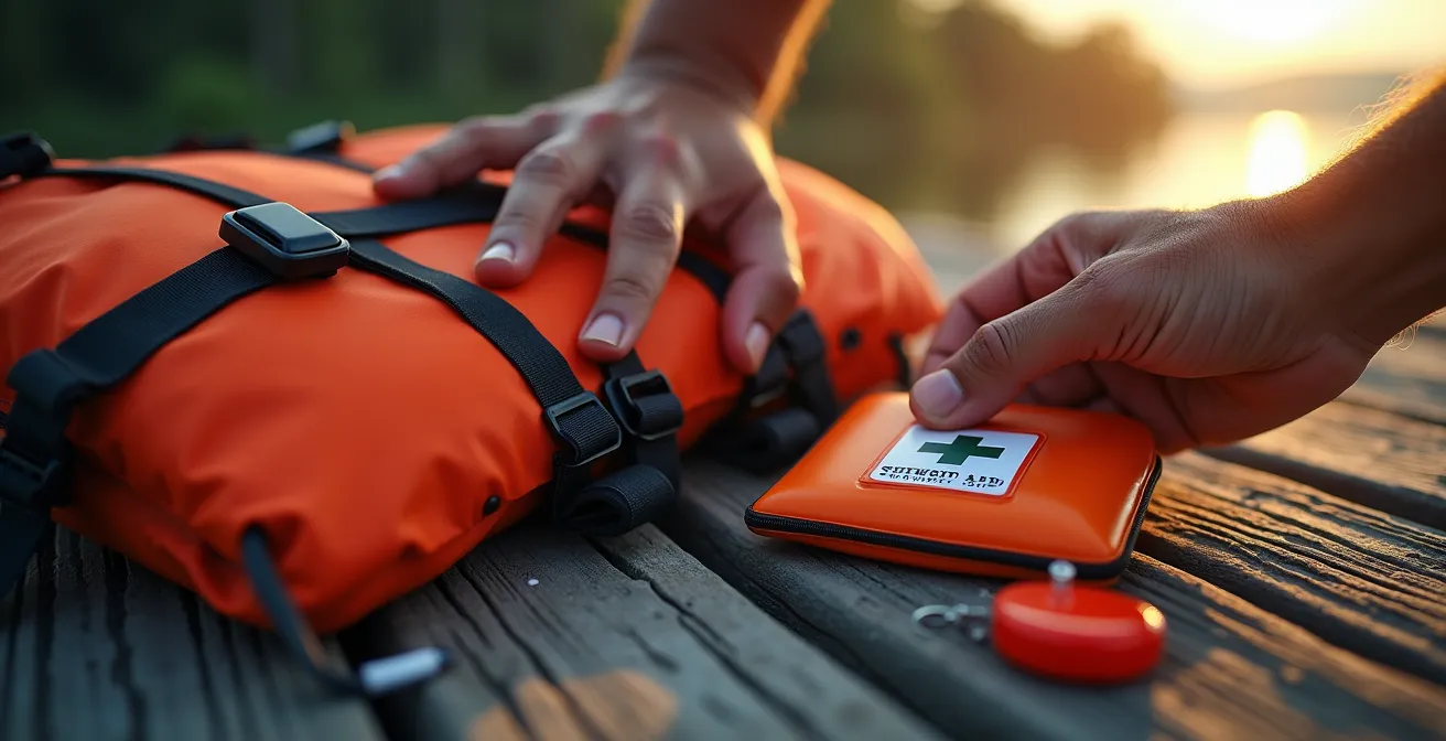 Guide certifié AEQ vérifiant l'équipement de sécurité avant une expédition en canot