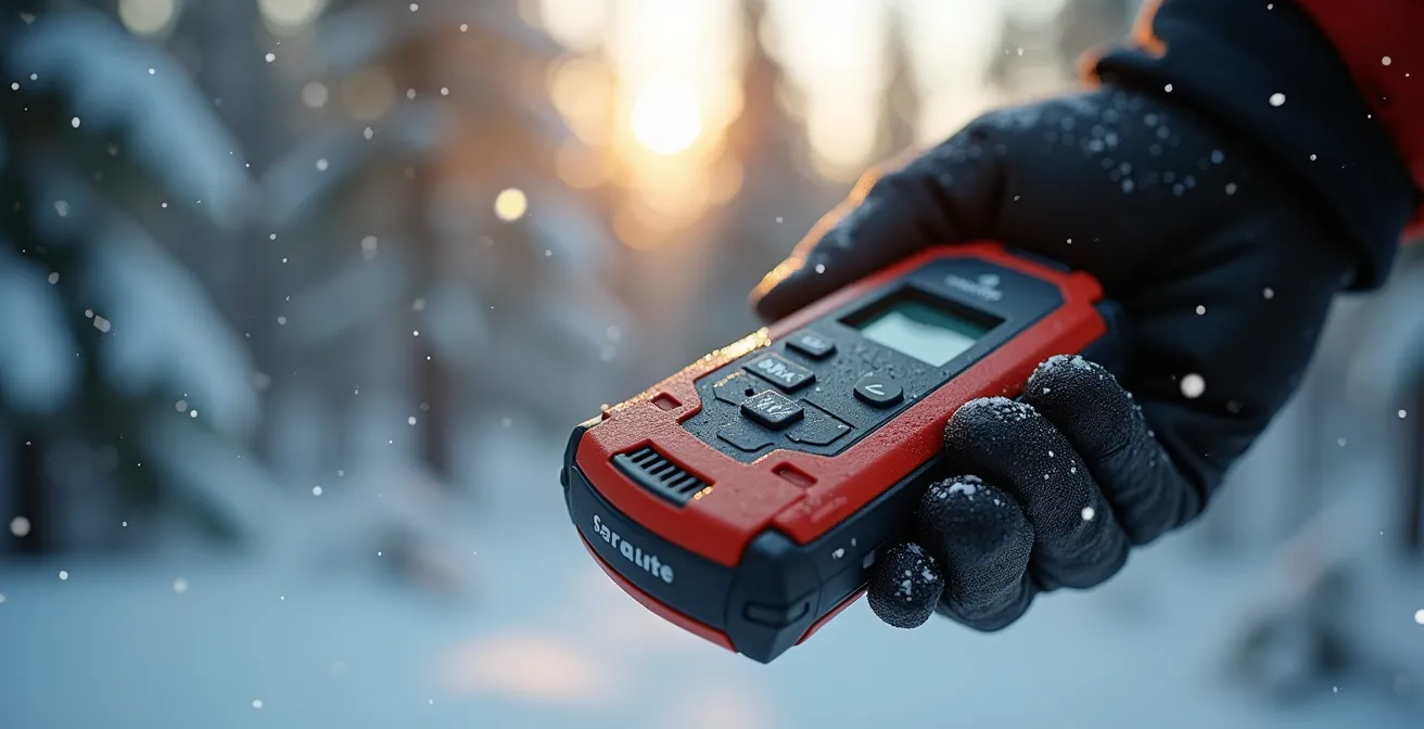 Main tenant une balise satellite RECCO dans une forêt enneigée québécoise