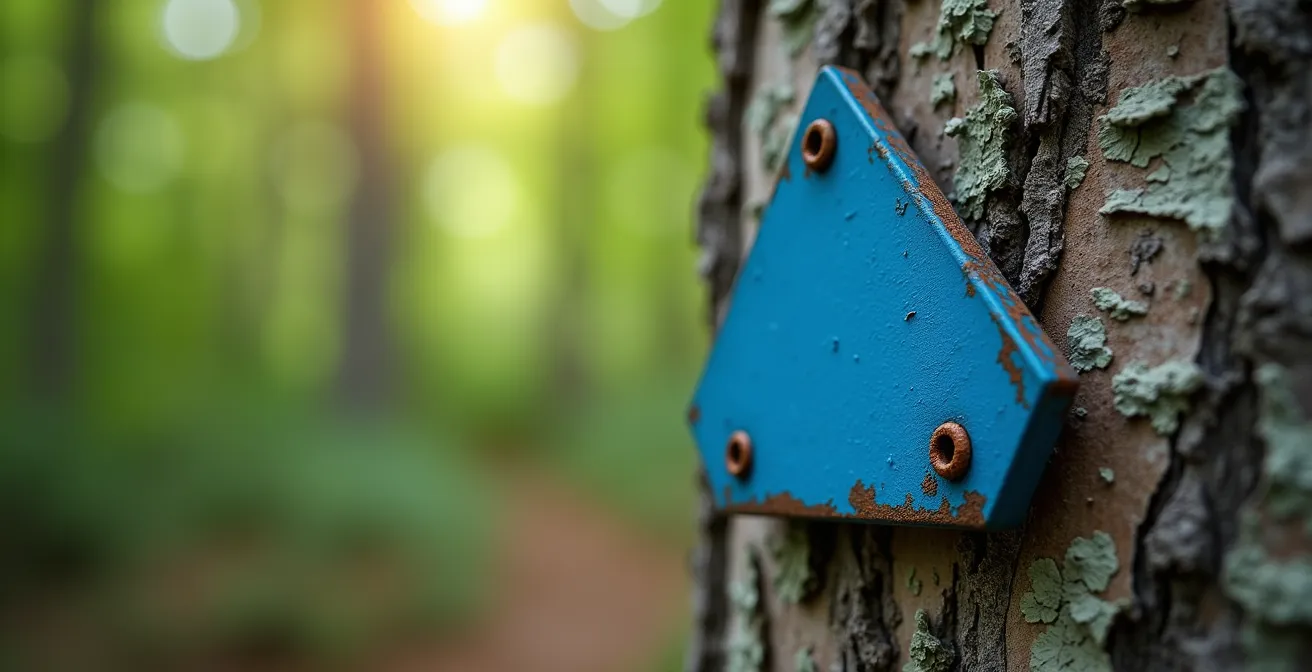 Gros plan sur une balise bleue du Sentier National fixée sur un tronc d'arbre dans une forêt dense québécoise
