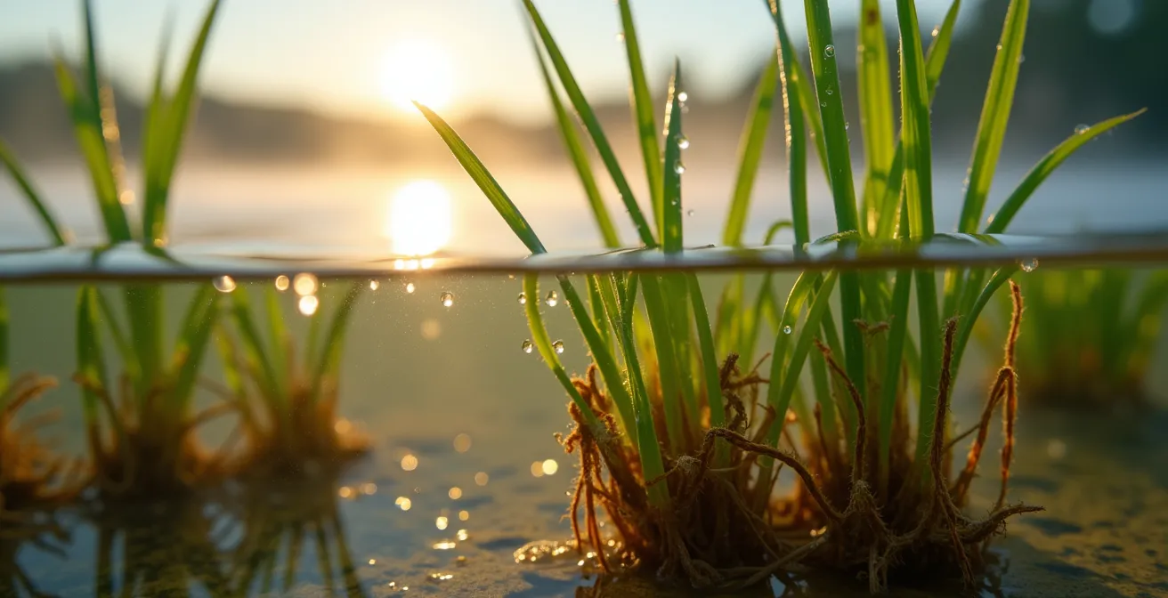 Bande riveraine naturelle avec plantes indigènes filtrant l'eau avant d'atteindre un lac québécois