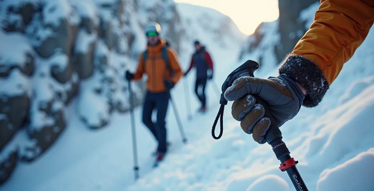 Bâtons de marche avec larges rondelles plantés dans la neige profonde