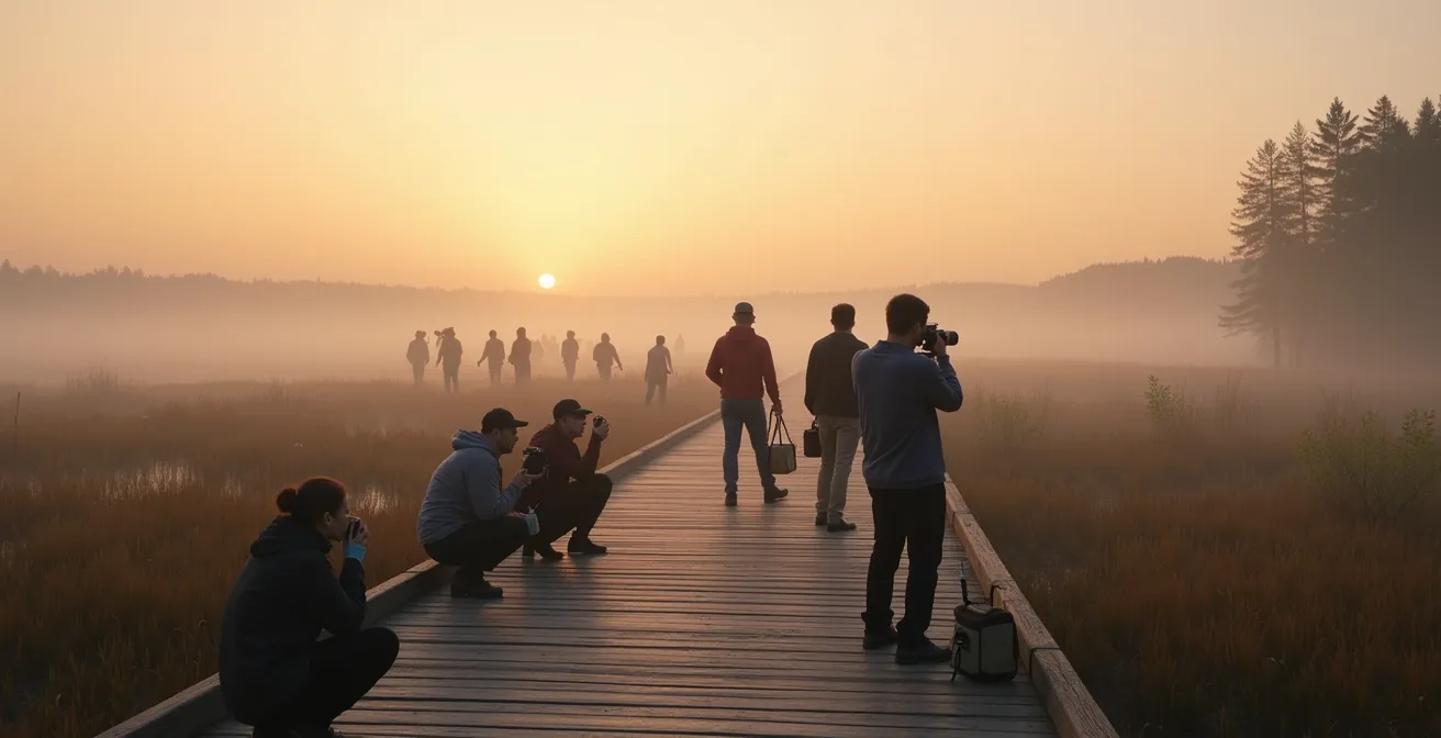 Des citoyens et experts naturalistes effectuent ensemble un inventaire de biodiversité au lever du soleil dans un parc naturel québécois