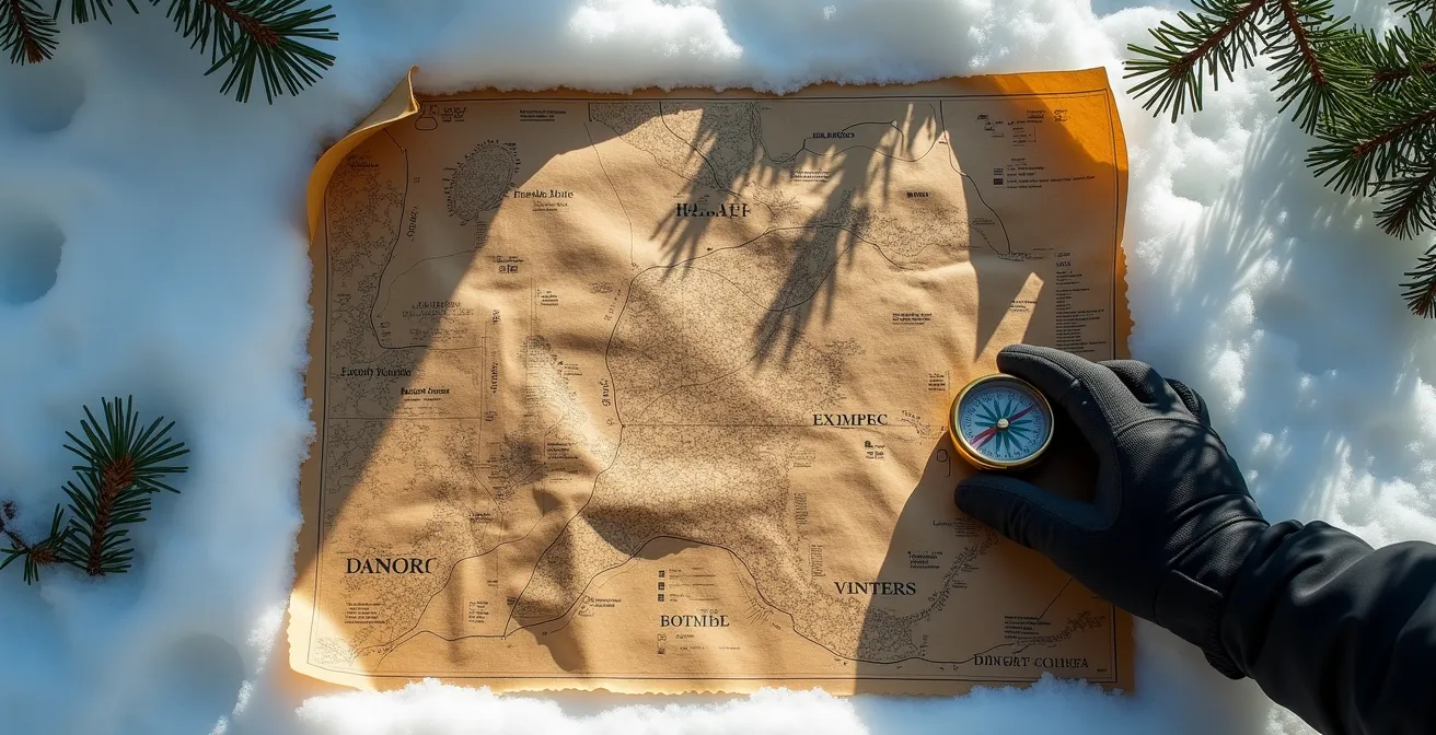 Carte topographique montrant les zones de plaques à vent et micro-météo des Chic-Chocs