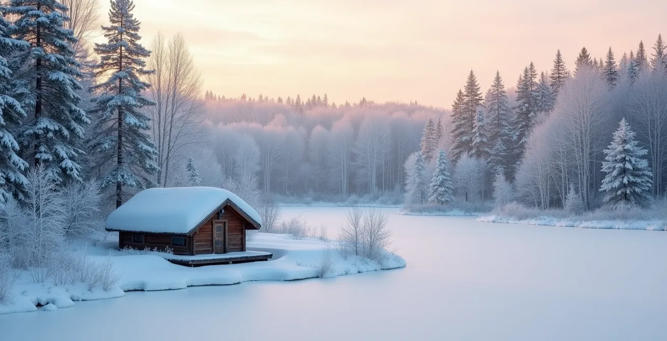 Paysage hivernal québécois montrant une hutte de castor recouverte de neige avec étang gelé