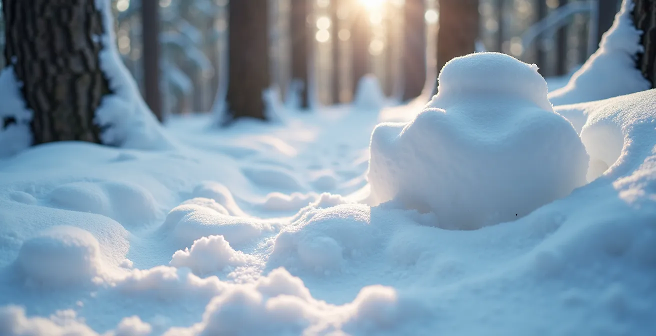 Campement hivernal aménagé avec sentiers dans la neige et mobilier sculpté dans une forêt d'épinettes noires