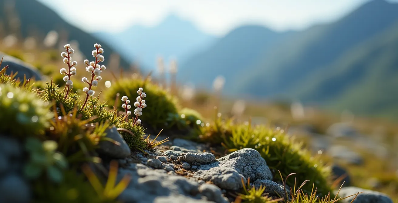 Vue macro de végétation alpine fragile avec empreintes de pas visibles
