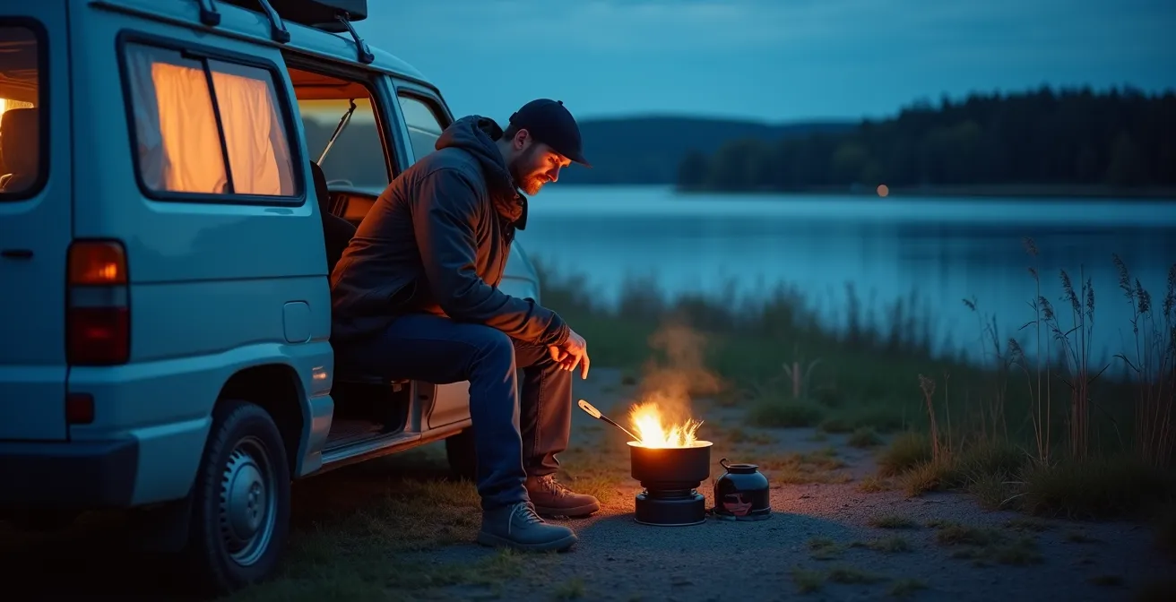 Campeur installé discrètement dans une halte routière québécoise au crépuscule