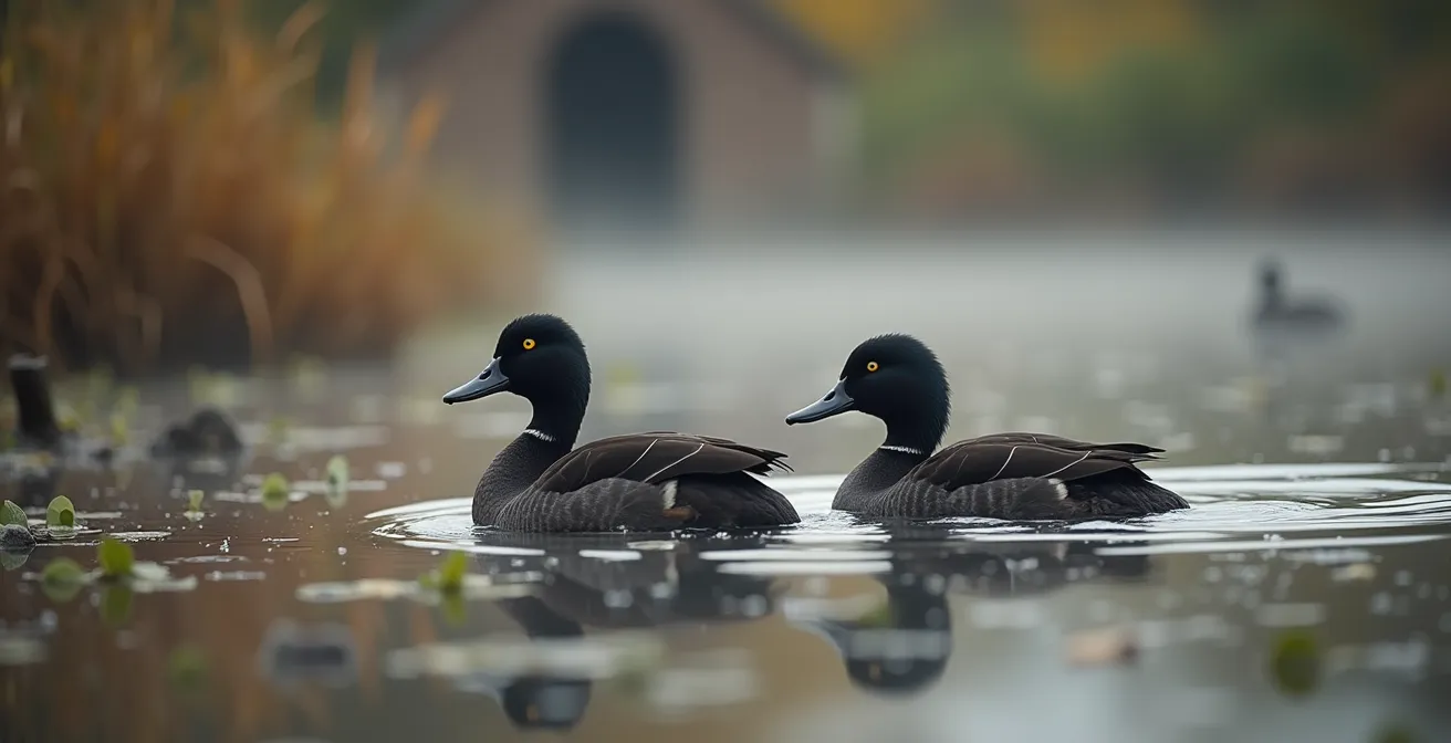 Canards noirs dans un étang de castor entouré de végétation aquatique au Québec