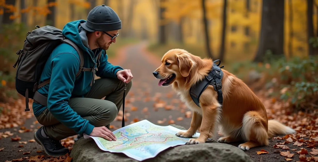 Randonneur consultant une carte de sentiers avec son chien en laisse dans un parc national