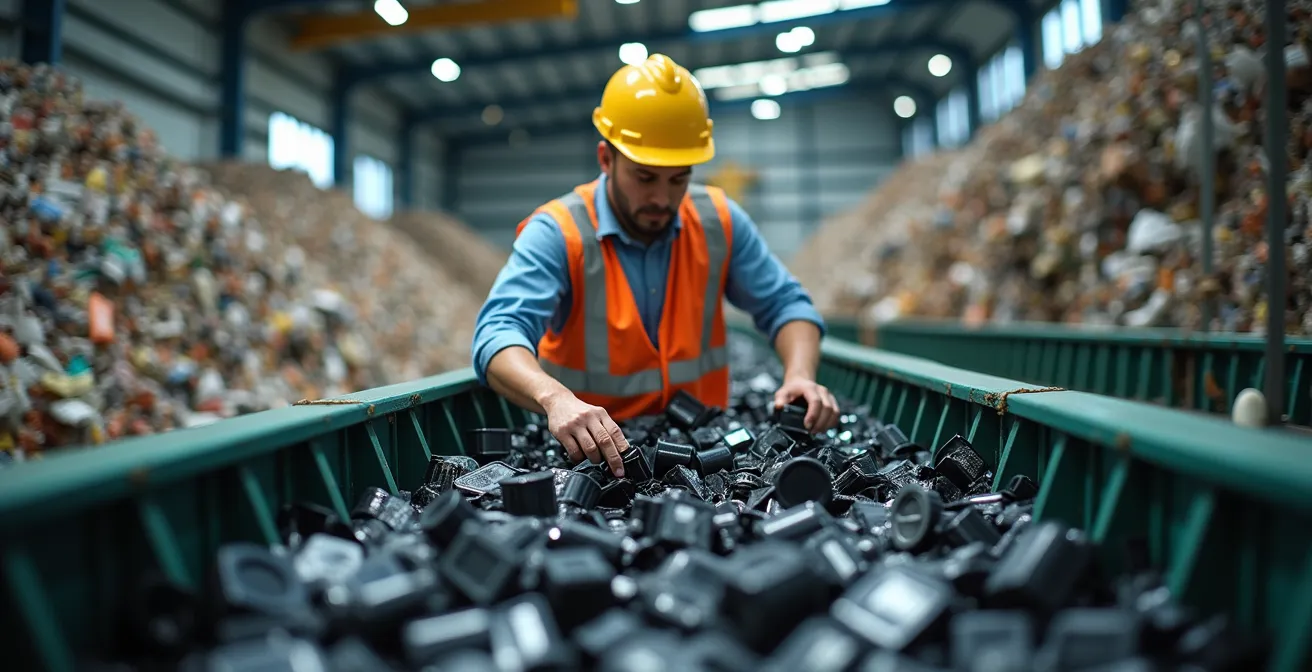 Vue intérieure d'un centre de tri montrant le processus de séparation des matières