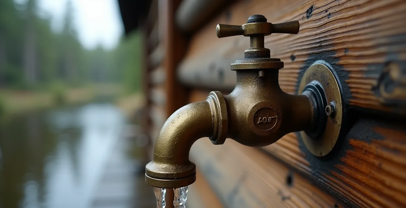 Chalet rustique en bois rond au bord d'un lac avec système de pompage d'eau visible