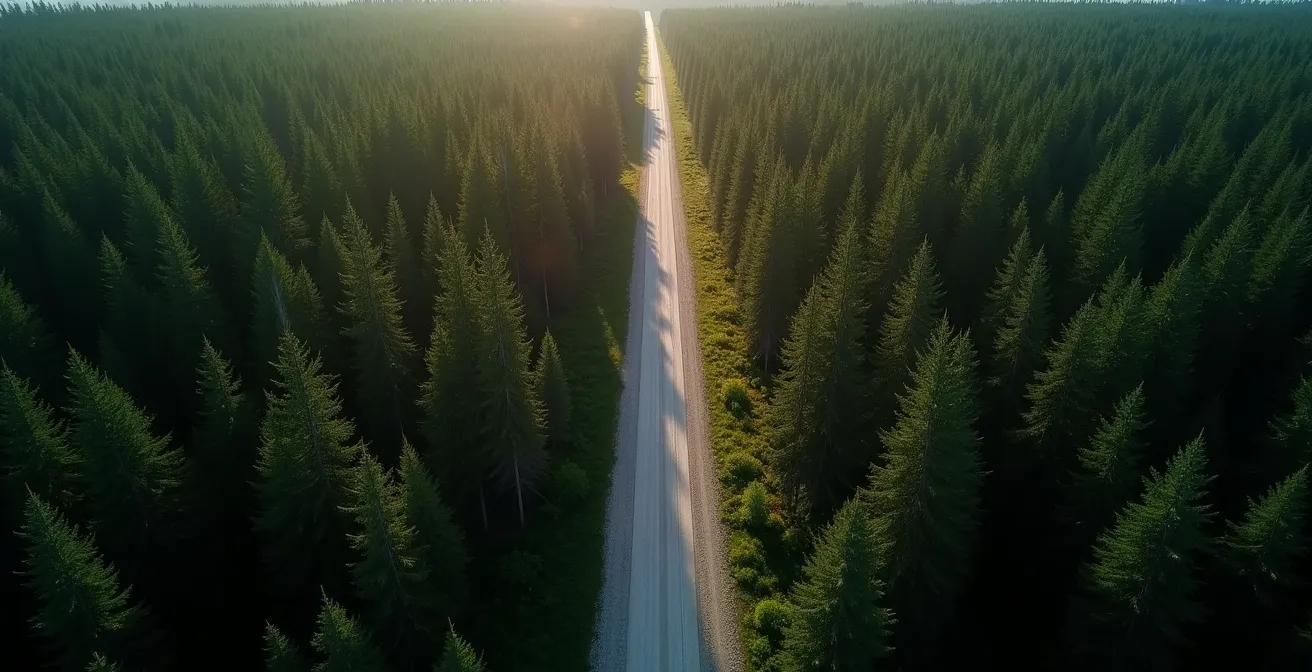 Vue aérienne d'un chemin forestier fragmentant la forêt boréale
