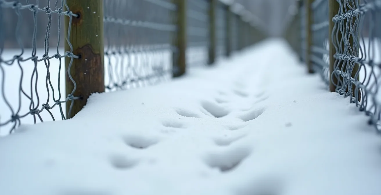 Clôture antigibier partiellement ensevelie sous la neige en hiver au Québec, créant un pont naturel pour le passage d'un orignal.