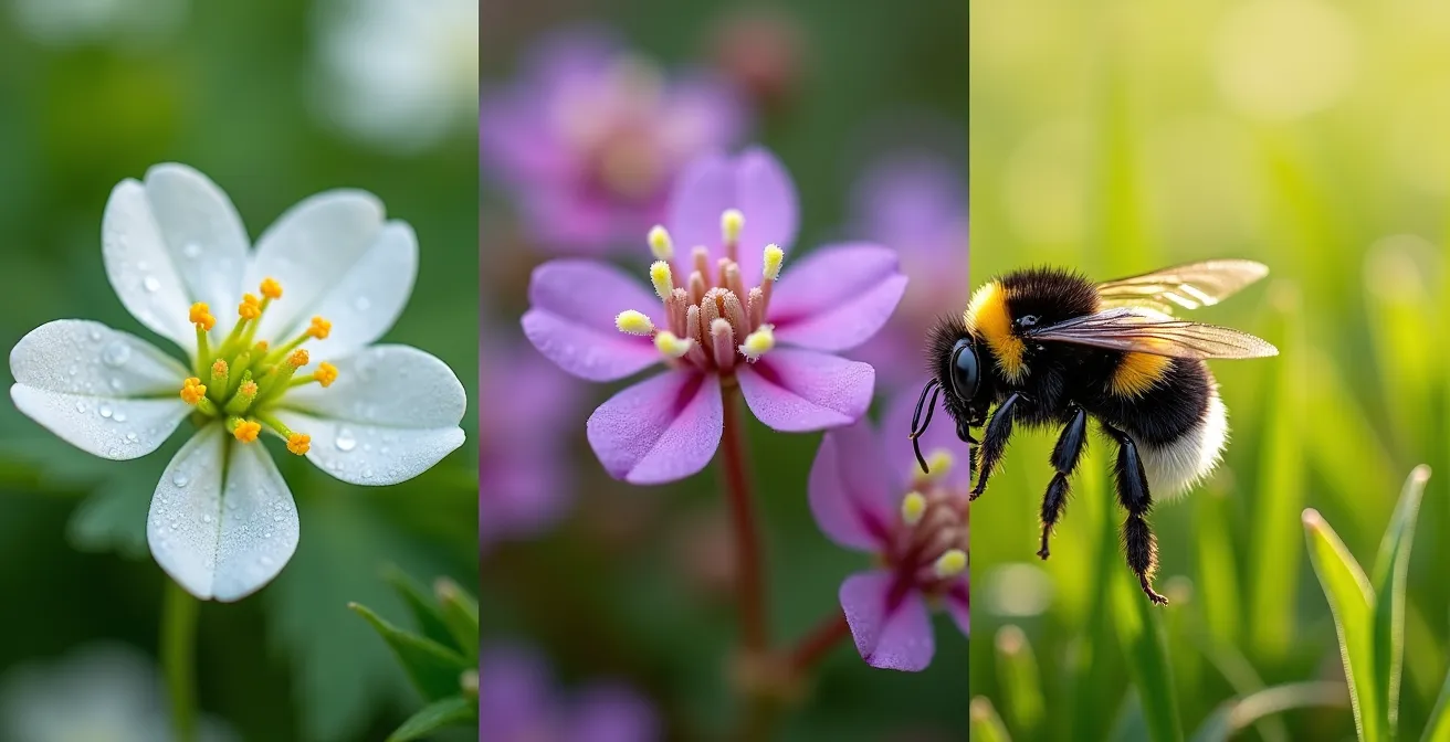 Gros plan comparatif montrant trois zones de couvre-sol : trèfle blanc fleuri, thym serpolet violet et gazon traditionnel, avec abeilles butinant