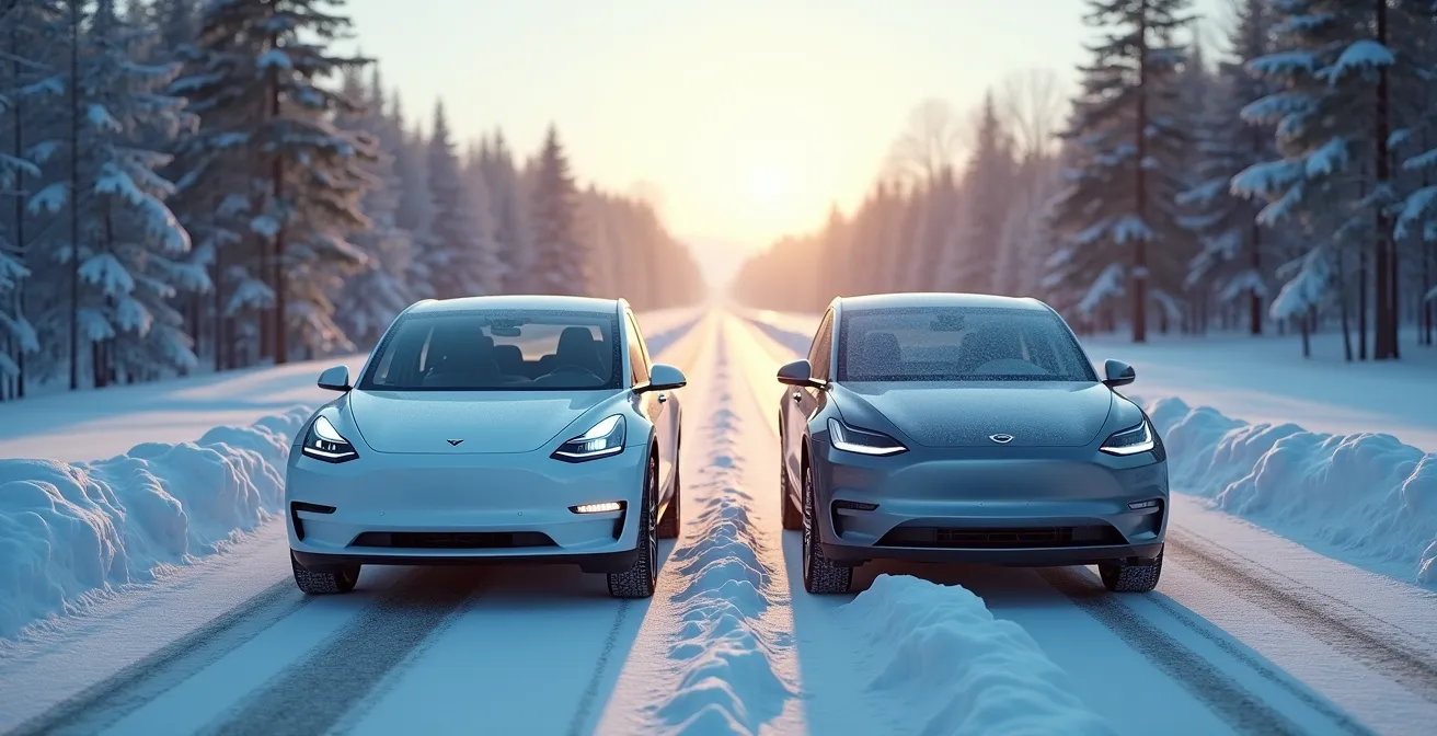 Comparaison visuelle entre un véhicule électrique et hybride dans des conditions hivernales québécoises