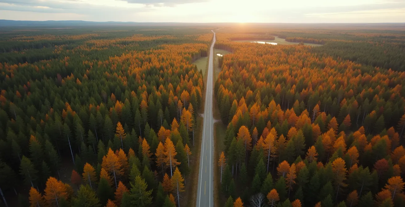 Vue aérienne d'un corridor naturel formé par la jonction entre une forêt mature et une zone de coupe récente, dirigeant la faune vers une route.