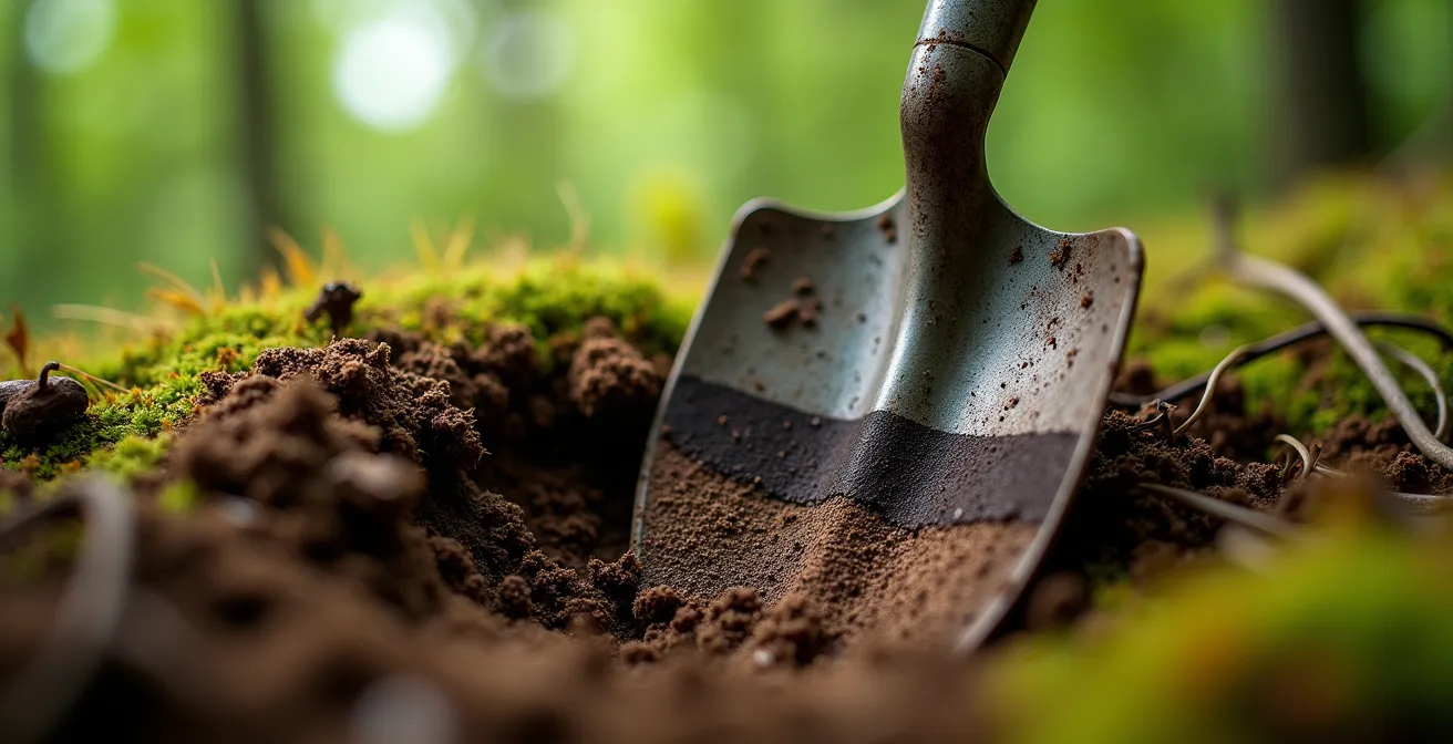 Truelle plantée dans le sol de la forêt boréale avec mesure de profondeur