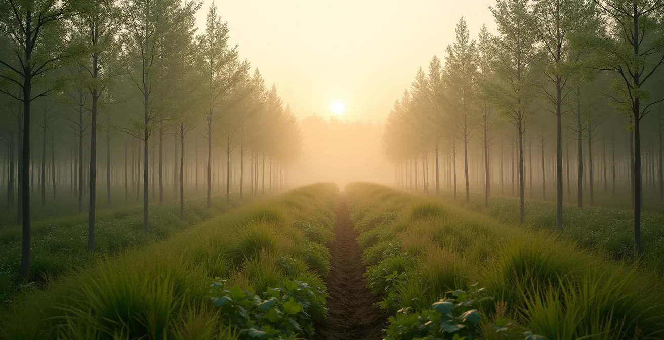 Vue large d'une jeune plantation forestière avec zones dégagées et végétation basse contrôlée entre les rangées d'arbres