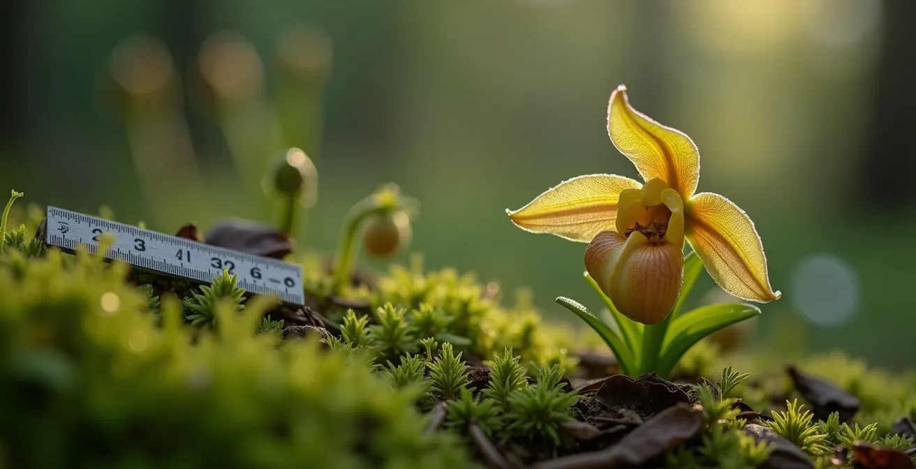 Gros plan macro d'un photographe naturaliste documentant minutieusement une plante rare avec un appareil photo professionnel