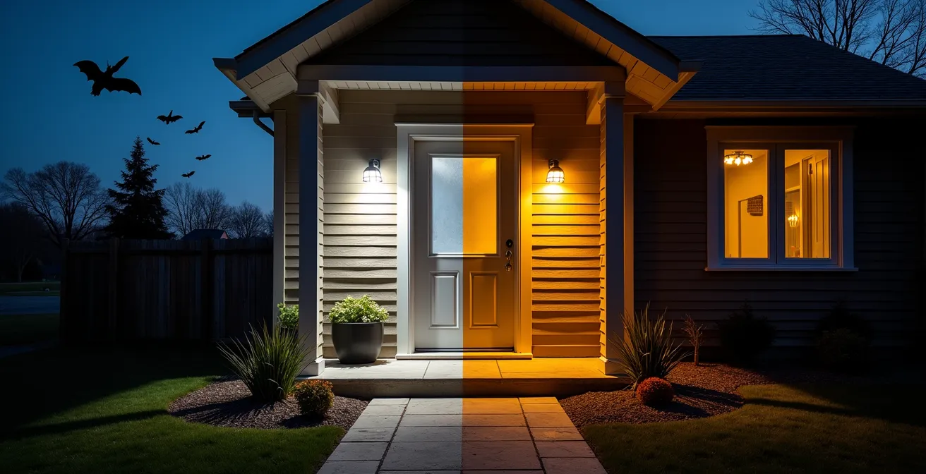 Entrée de maison québécoise avec éclairage ambré dirigé vers le bas, montrant des chauves-souris en vol au crépuscule