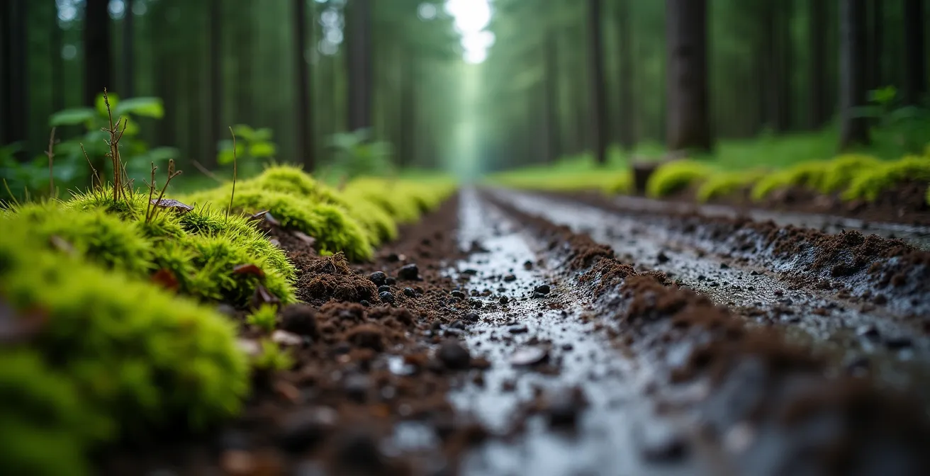 Vue rapprochée d'une lisière forestière montrant la transition abrupte créée par une route