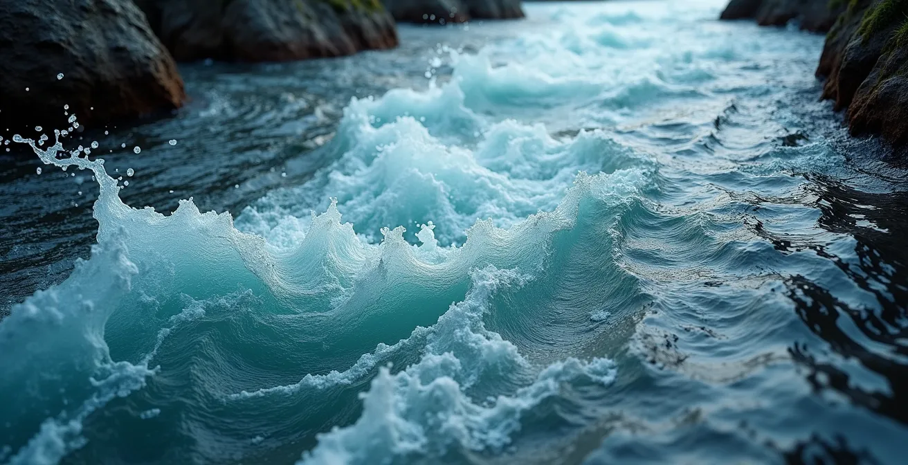 Vue aérienne montrant l'effet Venturi dans un passage resserré du fjord avec des courants visibles et des remous