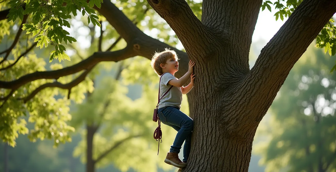 Enfant grimpant prudemment dans un chêne rouge avec des branches horizontales solides