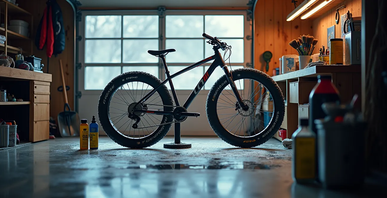 Scène d'entretien d'un fatbike dans un garage québécois en hiver