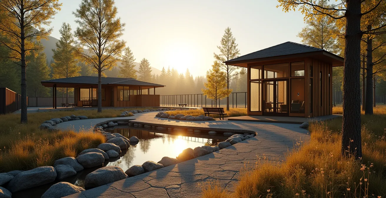 Vue large d'un enclos spécialisé pour animaux non-relâchables dans un refuge faunique québécois