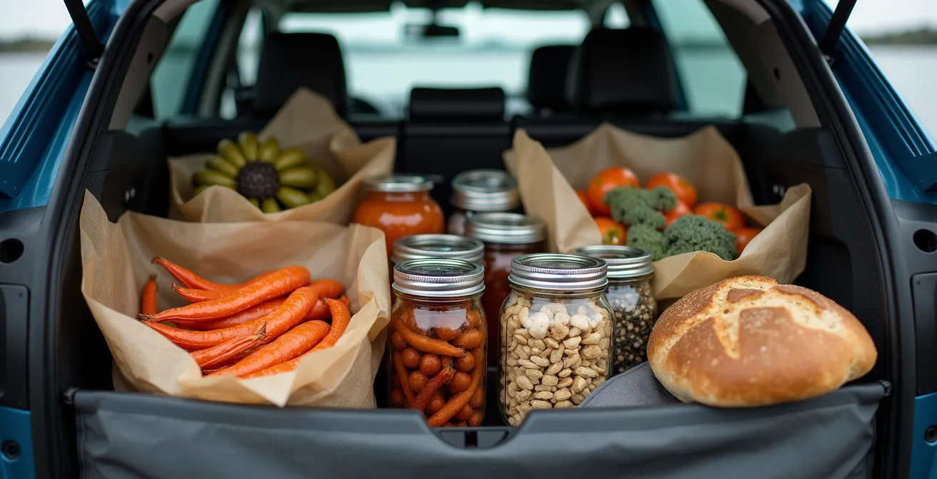 Glacière remplie de provisions locales dans le coffre d'une voiture avec vue sur un village gaspésien