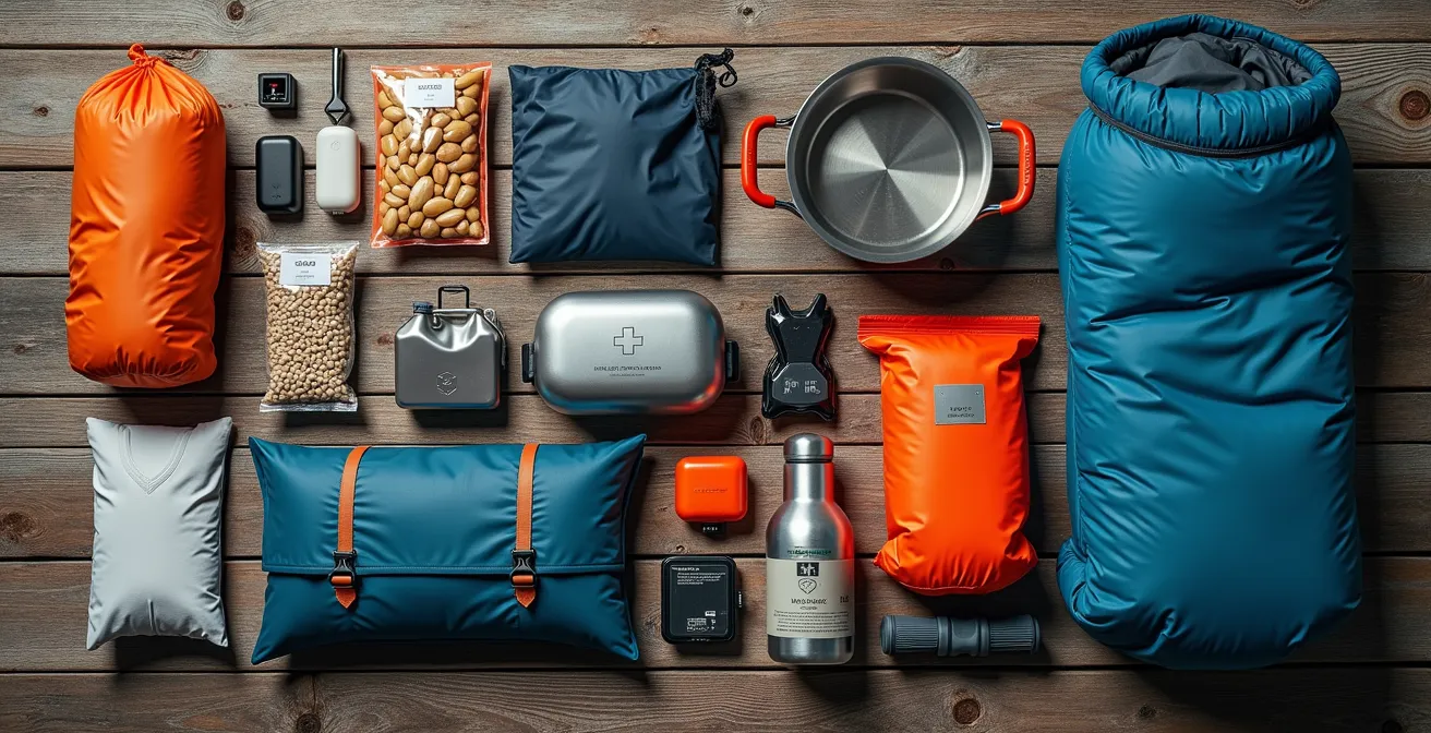 Équipement d'expédition arctique soigneusement organisé sur une table en bois