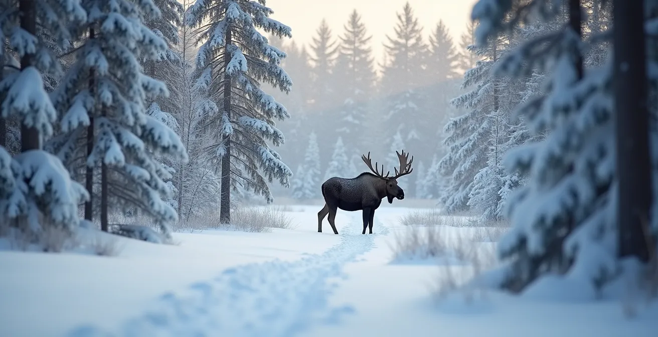 Orignal dans une forêt enneigée observé à distance respectueuse