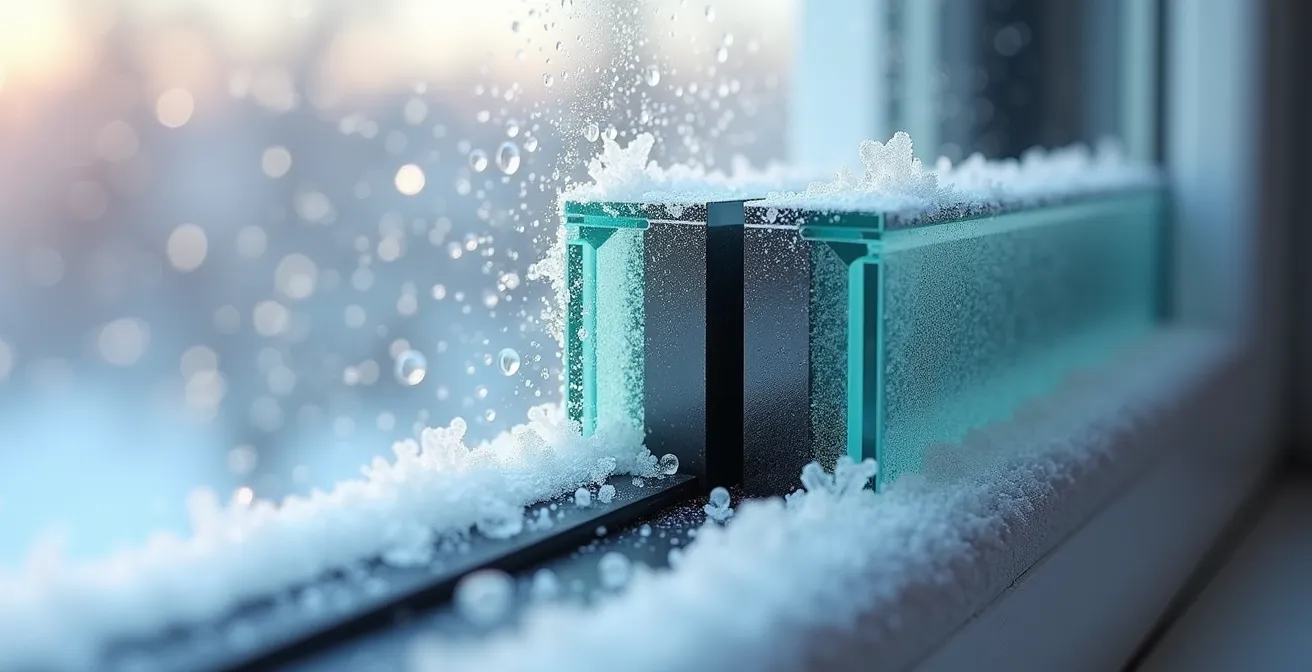 Détail macro d'une fenêtre triple vitrage montrant les couches isolantes et la condensation hivernale