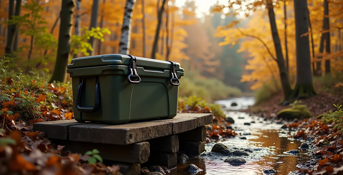 Glacière robuste avec sangles à cliquet installée sur une plateforme surélevée dans une clairière forestière québécoise