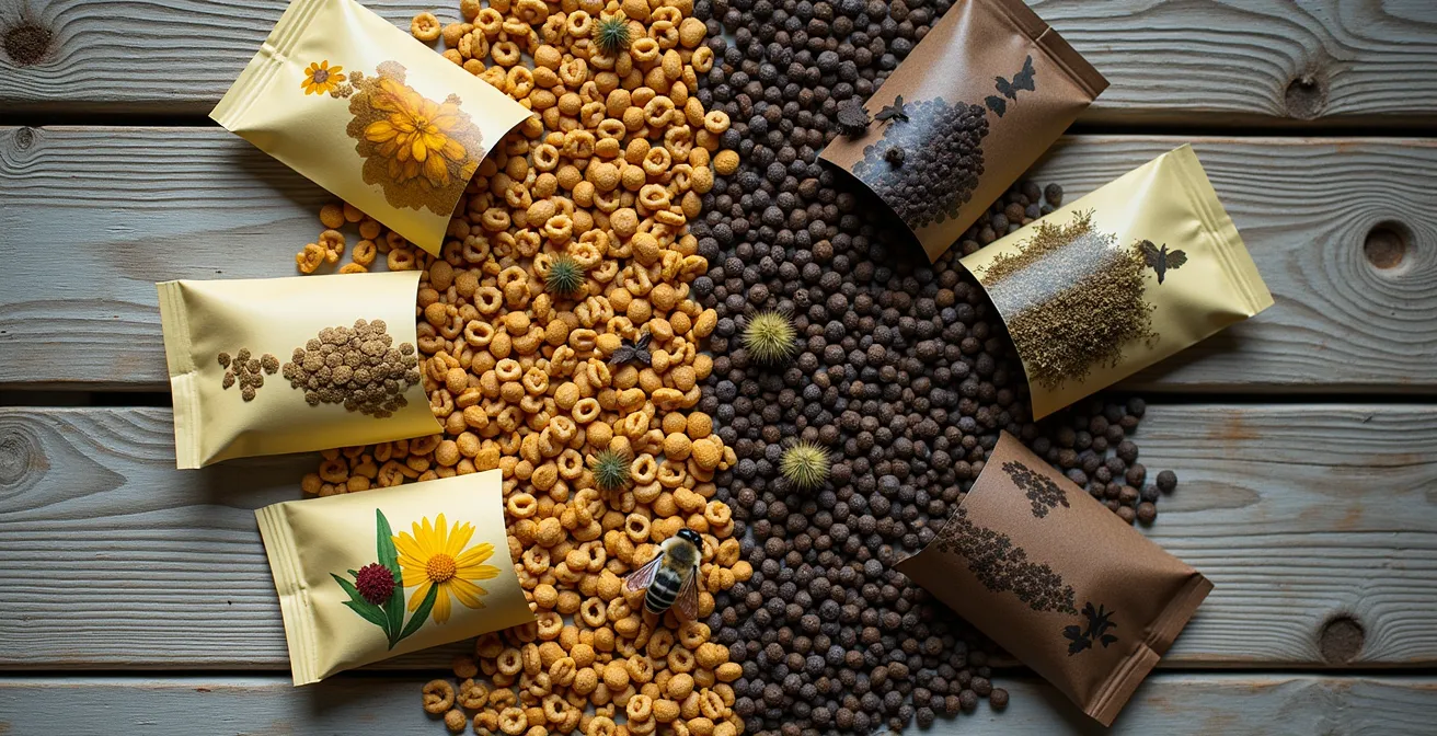Arrangement de sachets de graines ouverts montrant les différences entre semences indigènes et envahissantes, avec graines éparpillées