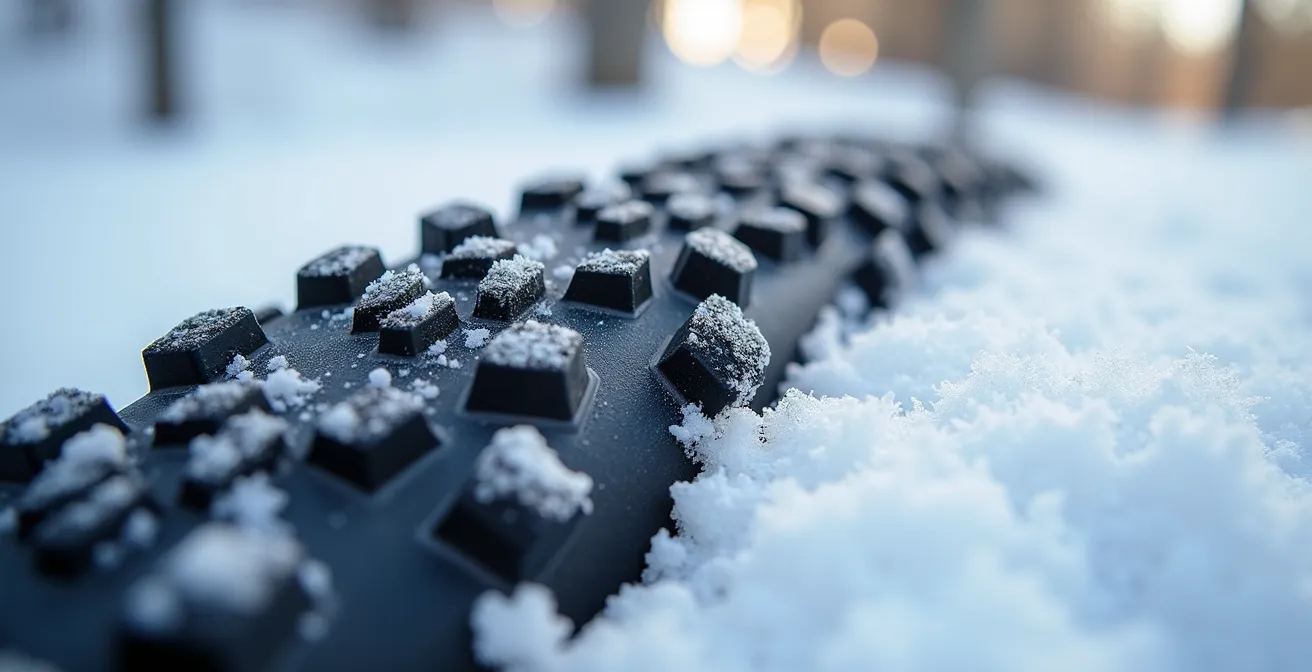 Gros plan sur un pneu de fatbike montrant l'empreinte dans différentes conditions de neige