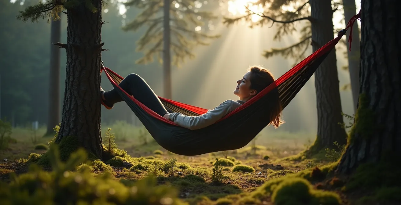 Hamac suspendu entre des épinettes noires dans la forêt boréale québécoise