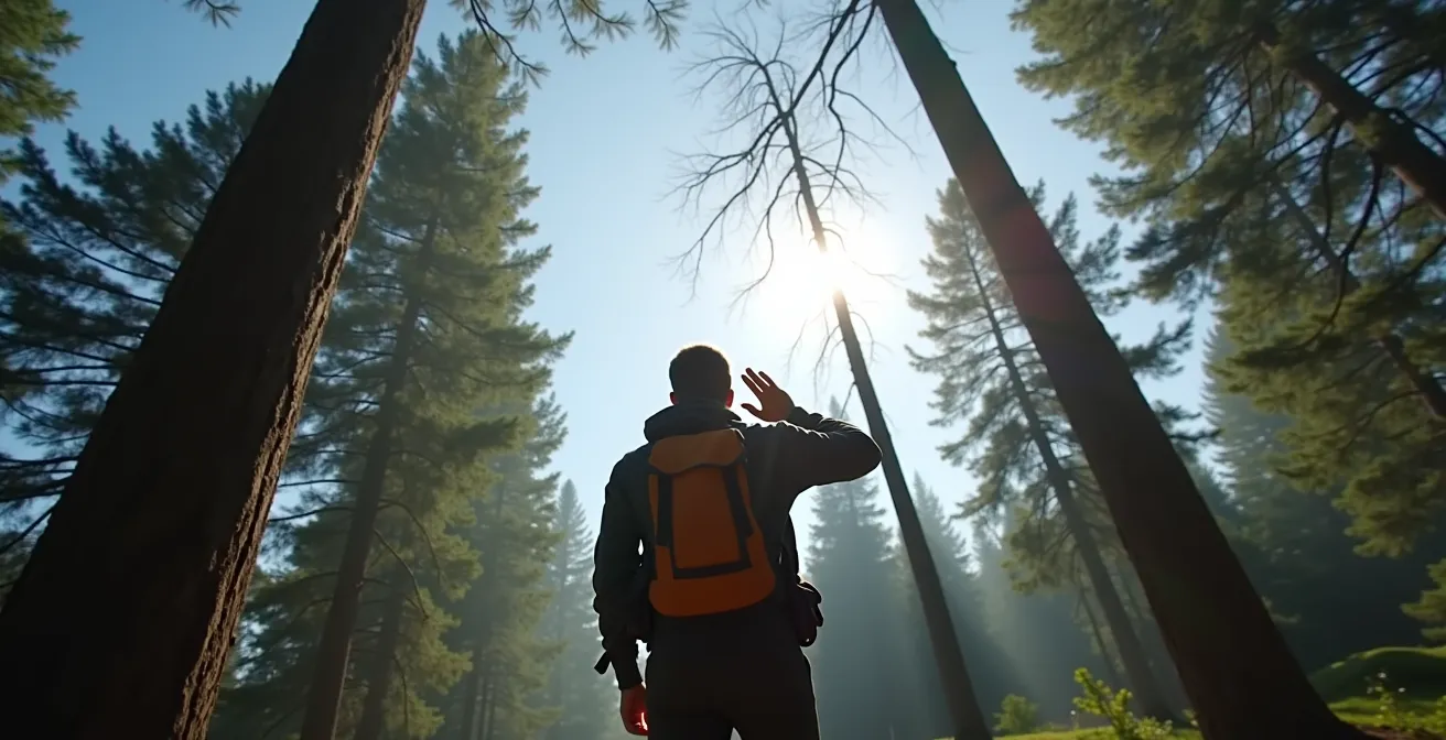 Campeur inspectant la canopée forestière pour identifier les arbres dangereux