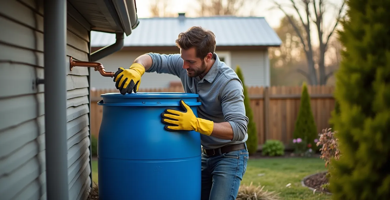 Système de récupération d'eau de pluie avec baril installé près d'une gouttière de maison québécoise