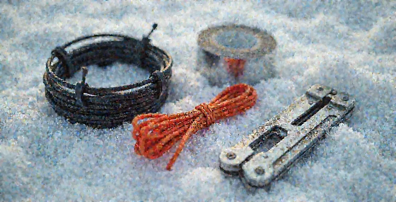 Kit de réparation d'urgence pour raquettes disposé sur la neige