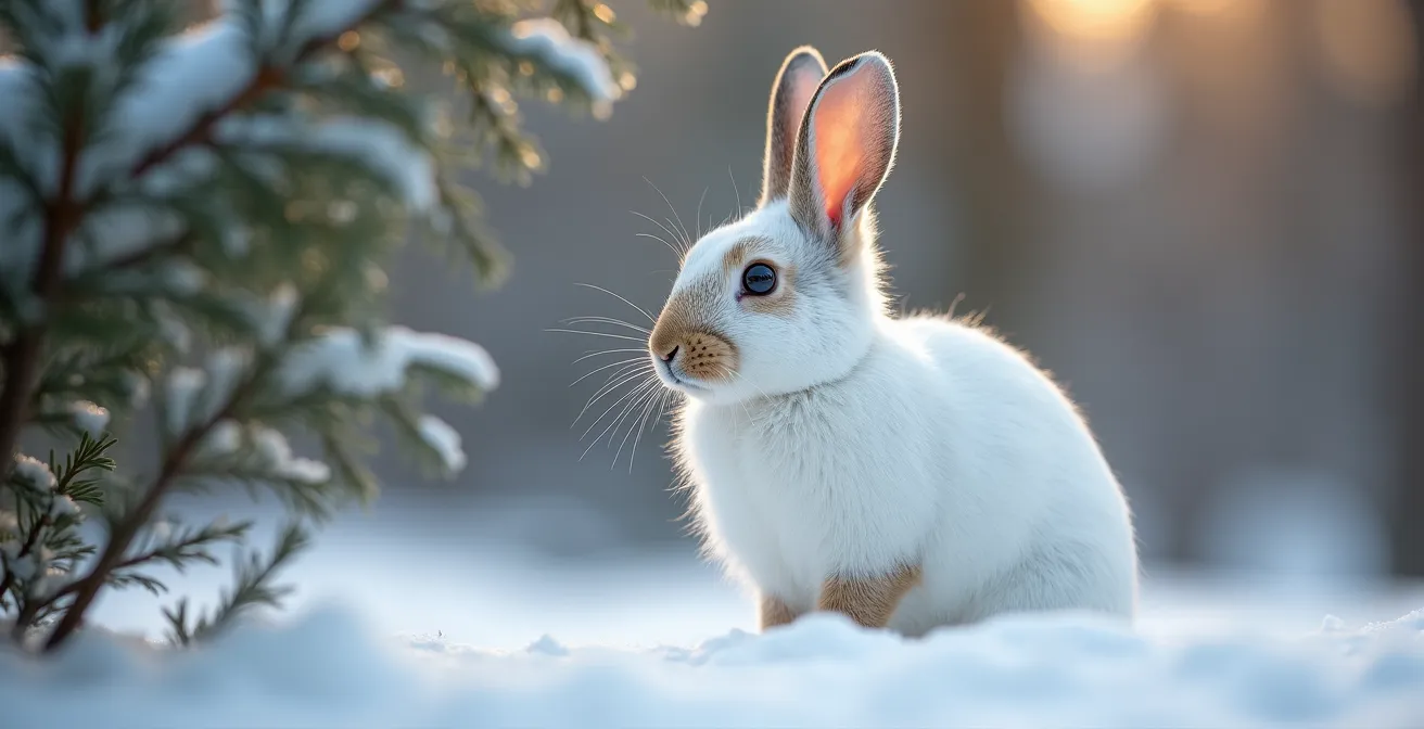Lièvre d'Amérique en pelage hivernal blanc dans la forêt boréale enneigée du Québec