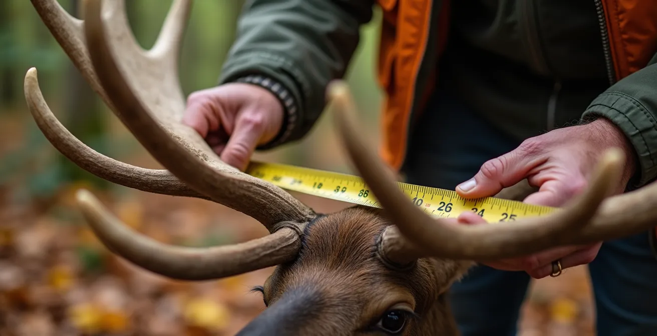 Mains mesurant minutieusement la circonférence d'un panache d'orignal avec un ruban