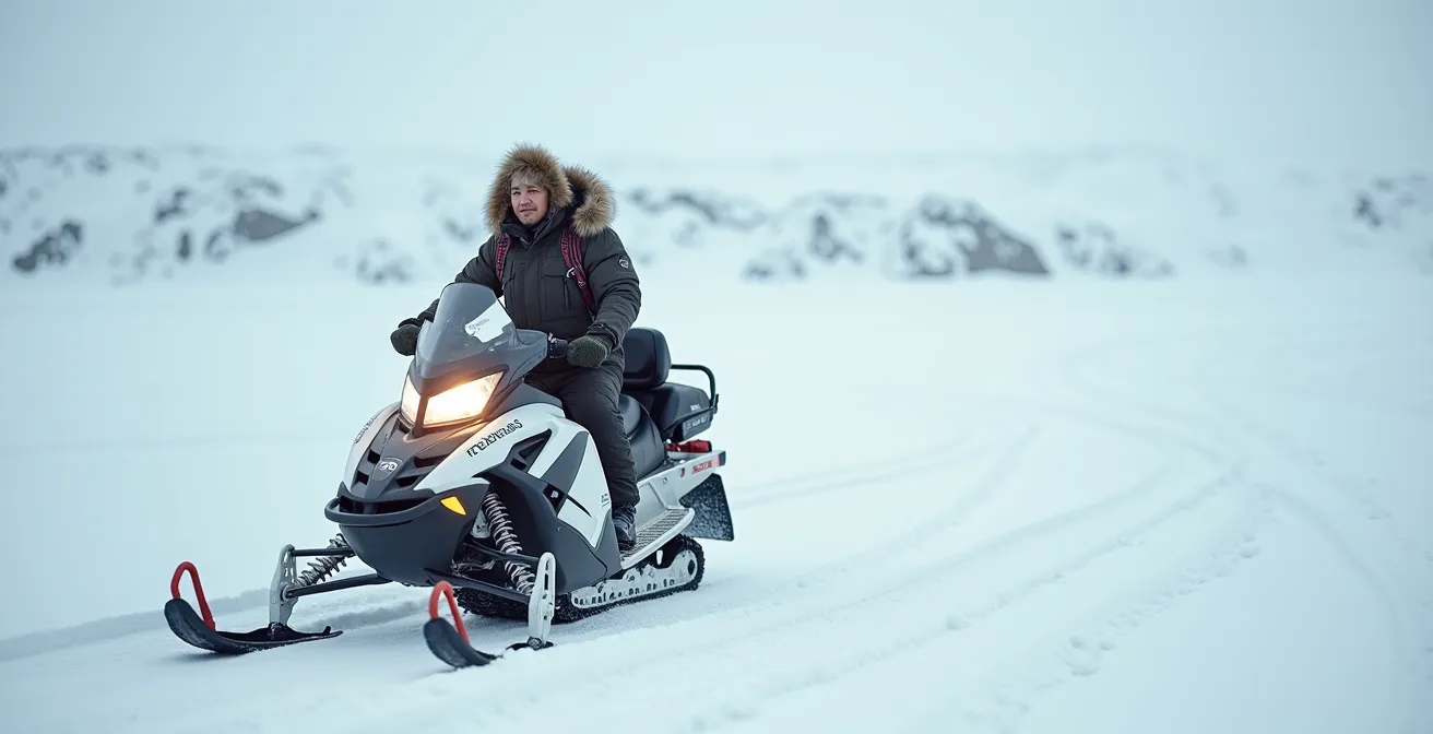 Guide inuit conduisant une motoneige à travers la toundra enneigée du Nunavik