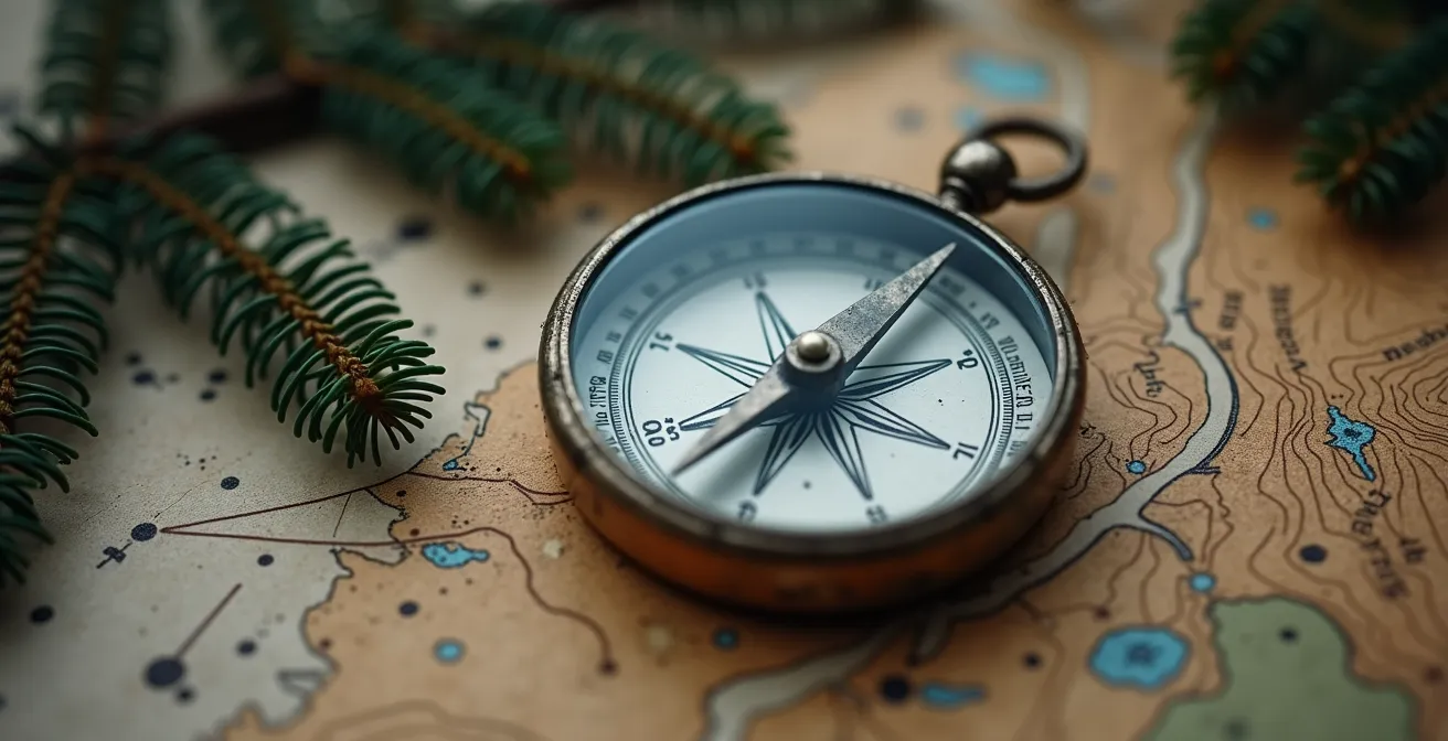 Gros plan sur une boussole posée sur une carte topographique avec des épinettes en arrière-plan flou