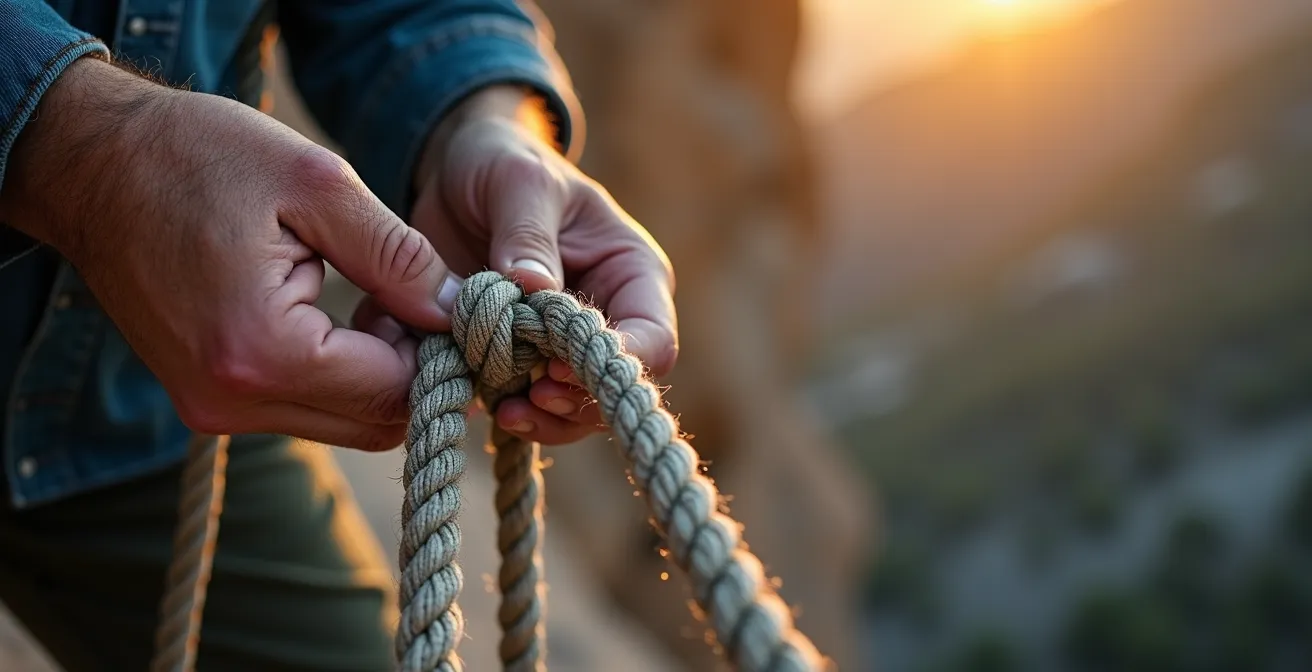 Mains de grimpeur faisant un nœud de sécurité en bout de corde