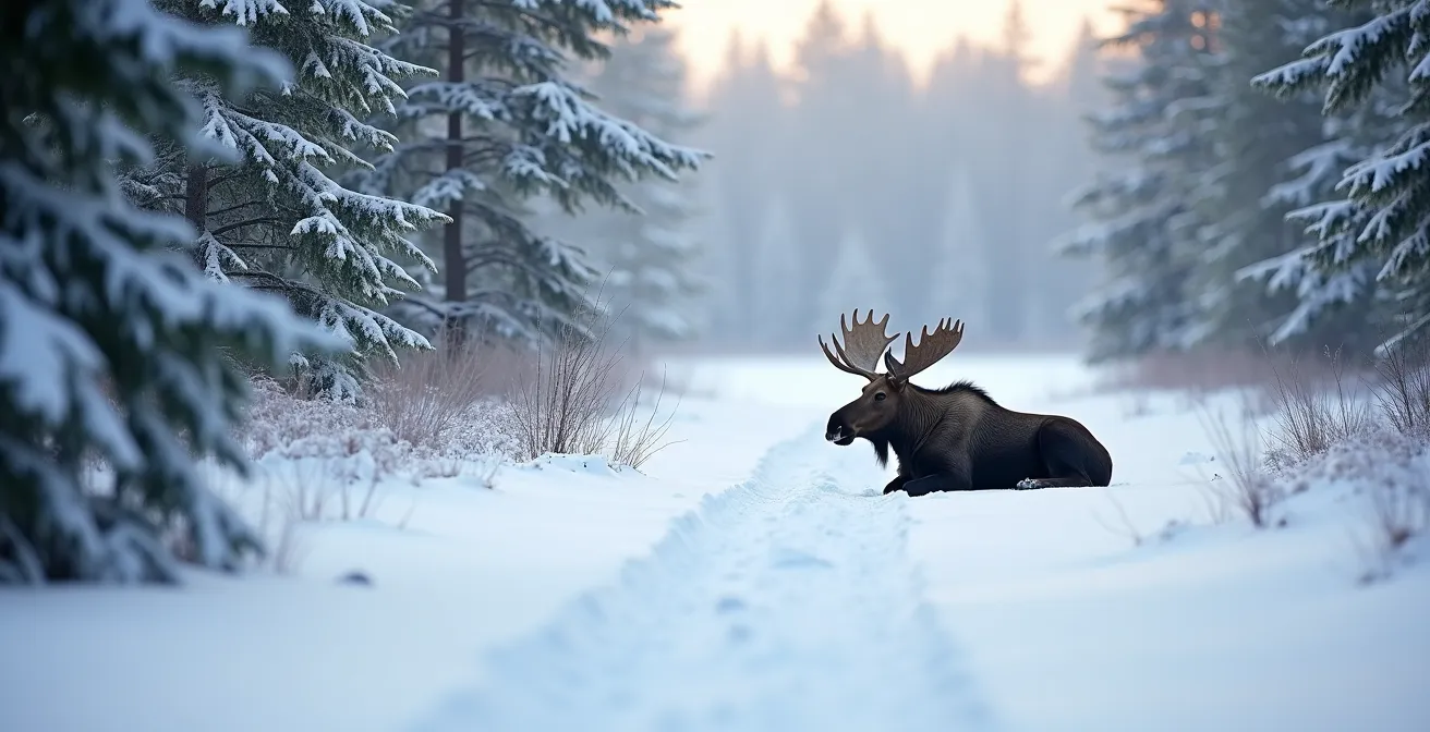 Orignal en hiver observé à distance sécuritaire dans la forêt québécoise