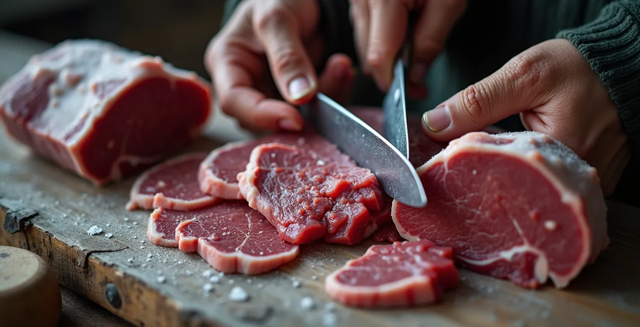 Scène de partage traditionnel de viande de caribou dans une communauté inuit